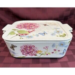 Grace's Pantry Hydrangea 3 in 1  Square Baker Casserole w/Lid Floral Butterflies